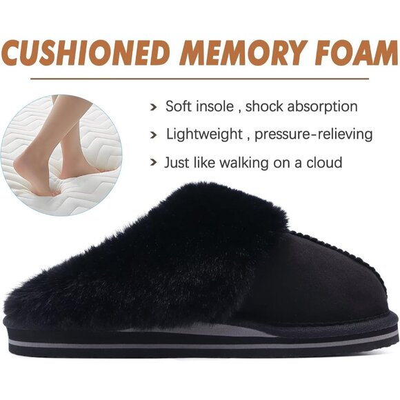 ⚡Women Dark Black Suede Fluff Dual Memory Foam Arch Support Warm Scuff Slipper - Picture 4 of 7